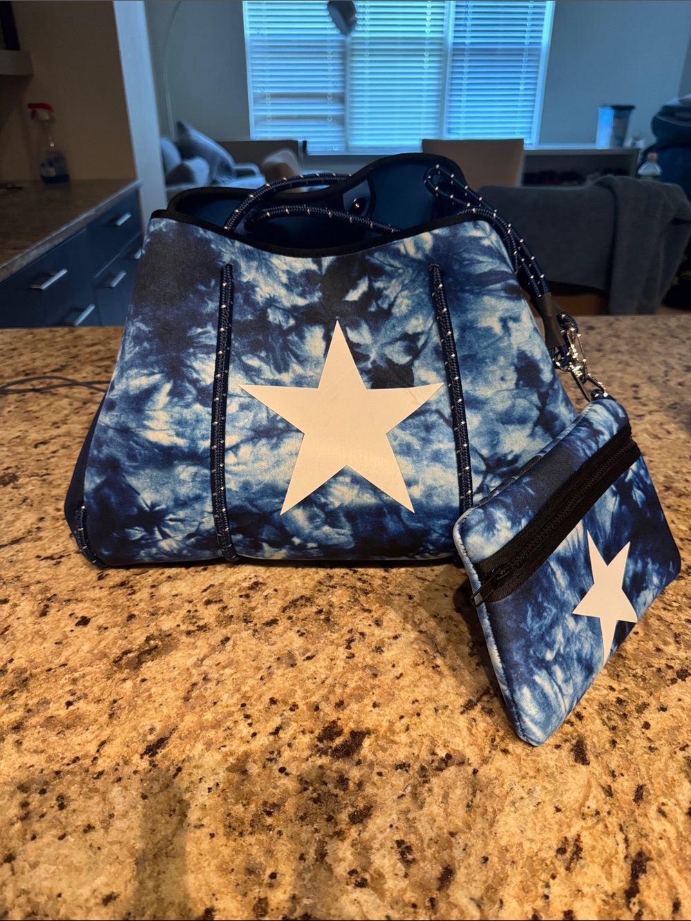 HAUTE SHORE Neoprene Blue Tie-Dye Star Tote with Matching Pouch